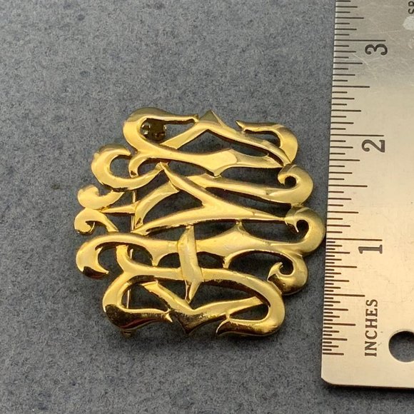 C M Lient Monogram Brooch Pin As Is Scrollwork Gold Shiny Initials - Picture 5 of 6